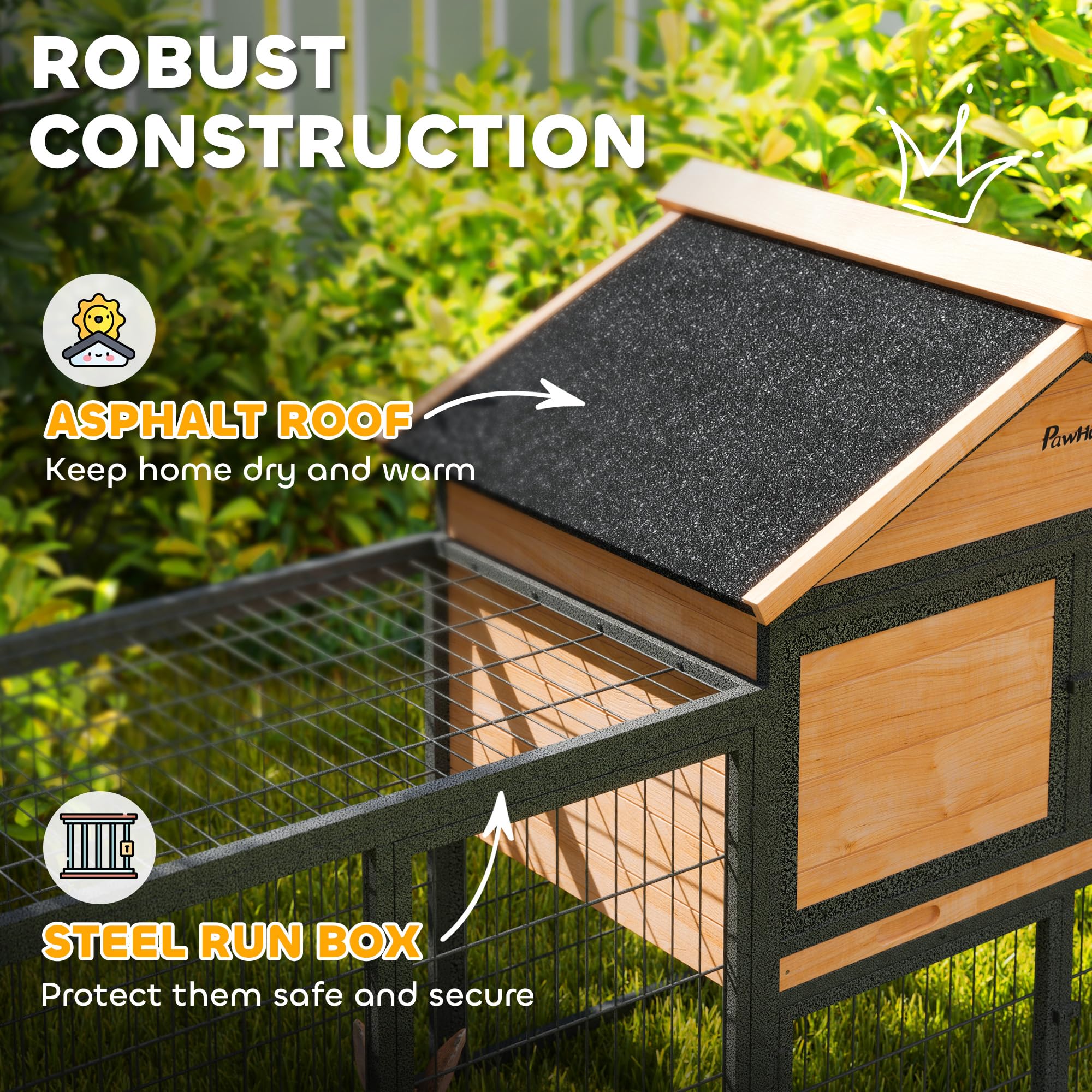 Pawhut Rabbit Hutch Outdoor, 85'' Large Wooden Bunny Cage With Steel Run, Removable No Leakage Tray, Waterproof Roof, Ramp, Meta